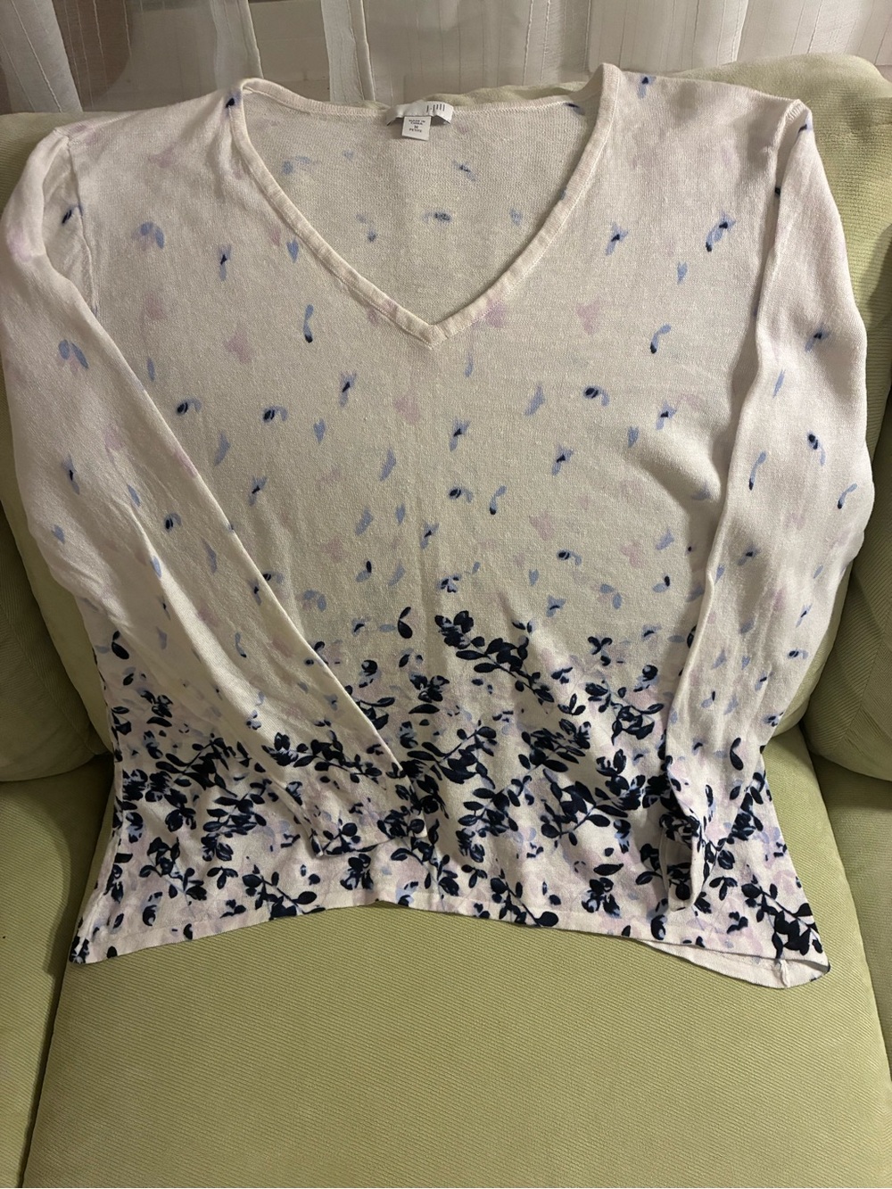 J Jill Pullover Sweater V-Neck Linen-Cotton M Pet White Blue Coastal Cottagecore